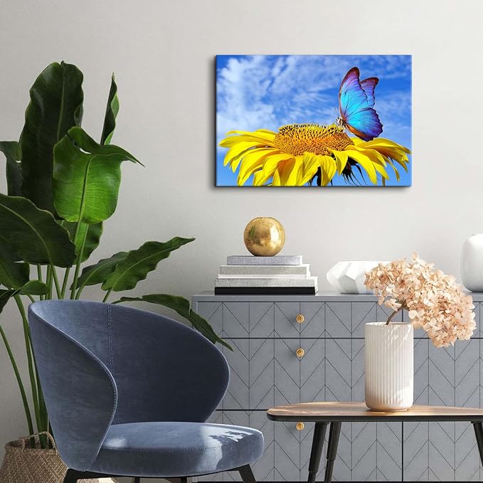 Sunflower Wall Art Bathroom Decor Blue Butterfly Canvas Pictures for Bedroom Sunflower Wall Decor Floral Posters Living Room Kitchen Home Decoration Yellow Sunshine Flower Painting Modern Artwork