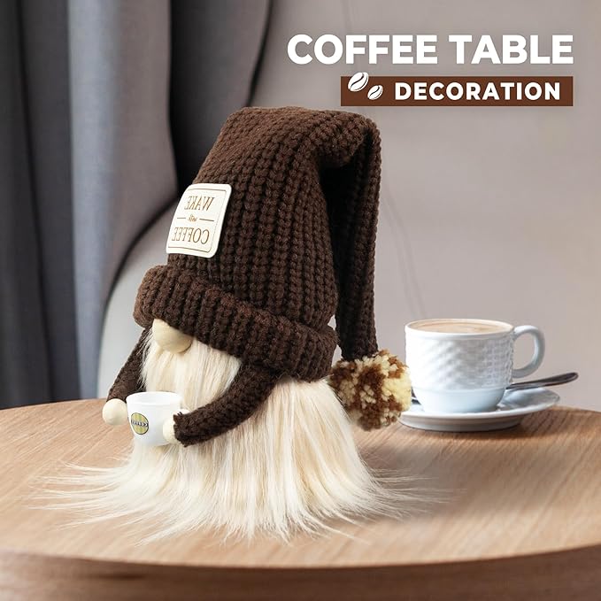 Coffee Gnome - Cute Plush Gnome Holding Cup, Handmade Bar Decor & Accessories, Gift for Coffee Lovers, Swedish Tomte Elf Dwarf for Station, Kitchen, Valentine, Christmas & Home Decorations