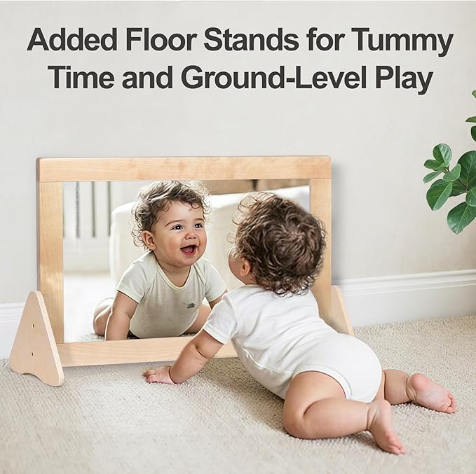 3-in-1 Baby Montessori Wooden Frame Non-Shatter Safety Mirror w/ 2 Pull Up Bars, Infant Coordination Small Mirror for 6-18 Months