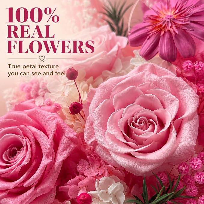 Preserved Pink Rose Bouquet, 100% Real Flowers for Women Mother Wife, Long-Lasting Eternal Roses with Gift Box, Forever Flowers for Anniversary Birthday Mother's Day, Lasts 3-5 Years
