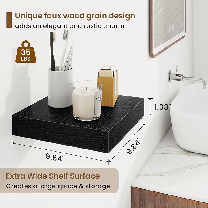 Square Floating Shelves for Wall, 10"W x 10"D x 1.25"H, 3 Packs Small Wall Mounted Engineered Wood Shelves with Invisible Brackets for Living Room, Bedroom, Bathroom, Kitchen Decor, Black