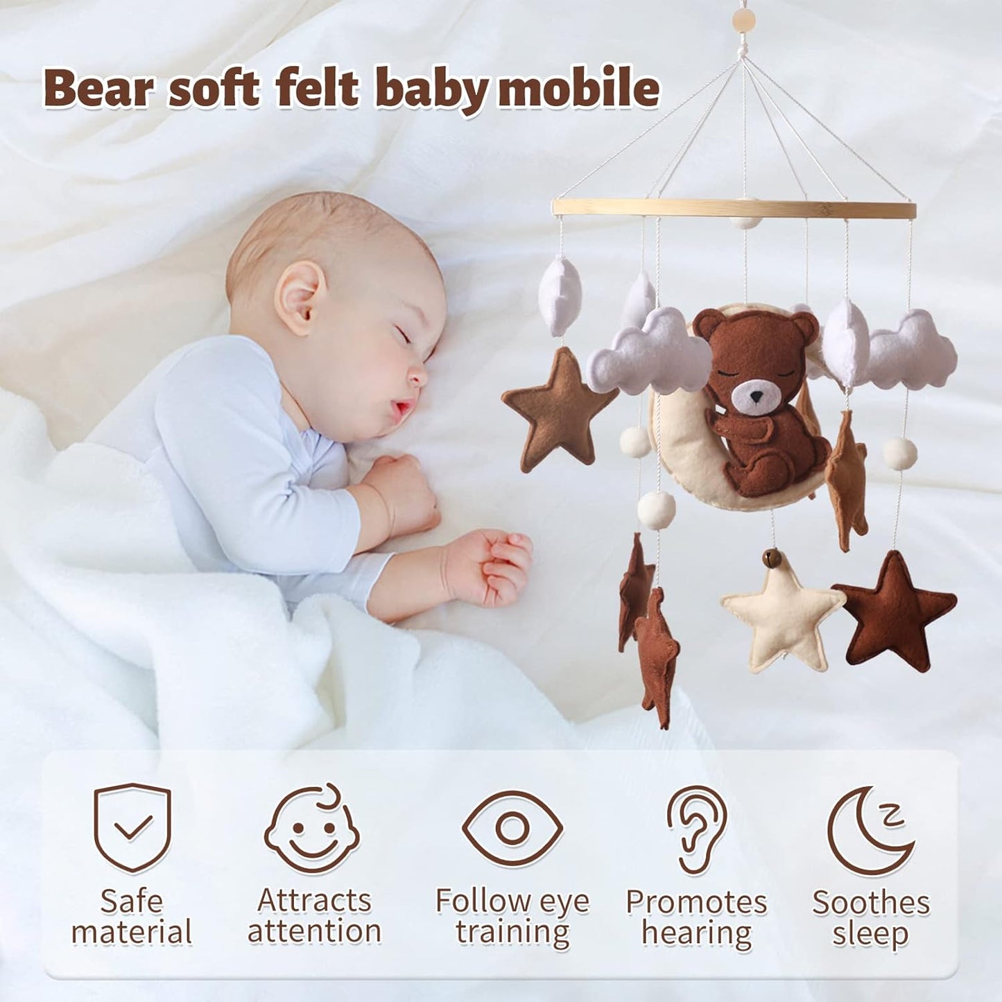 Baby Mobile for Crib - Animal Crib Mobile With Music for Girls and Boys, Wooden Bed Bell Hanging, Nursery Mobile for Bassinet Room Decor (Bear)