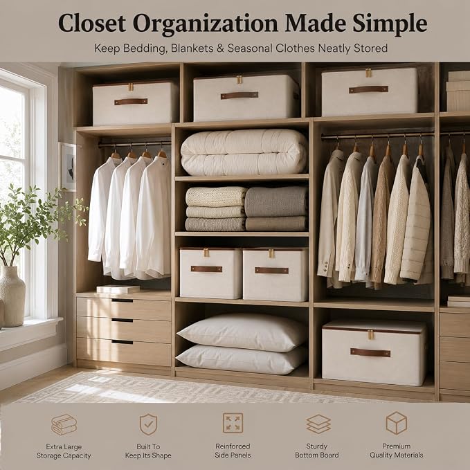 Tuza 3 Pcs Rigid Storage Bins with Zipper Lid, Cotton Linen Fabric Storage Boxes, Foldable Shelves Clothes Storage Cubes with Handles for Wardrobe, Closet(Beige, 25L)