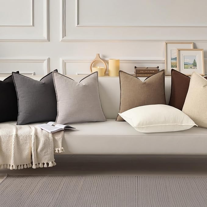 decorUhome Summer Decorative Linen Euro Sham Throw Pillow Covers 22x22 Inch Set of 2 Light Brown Pillow Covers with Flange Edges Soft Farmhouse Boho Accent Pillow Cases for Couch Bed Living Room
