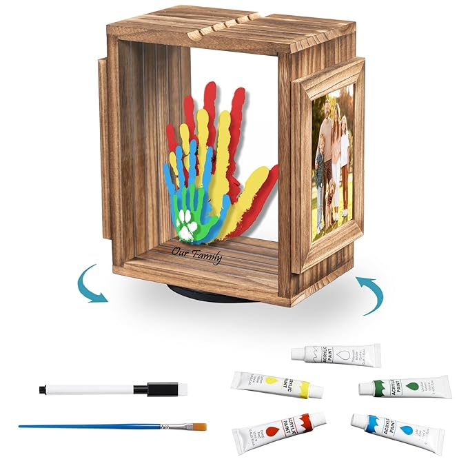 Emfogo 360 Rotating Family Handprint Kit, DIY Craft Keepsake Wooden Frame, Baby Footprint Kit, 5 Paint Colors Included, Non-Toxic Paints&Transparent Sheets, Gifts for Handprint Family Keepsake（Brown