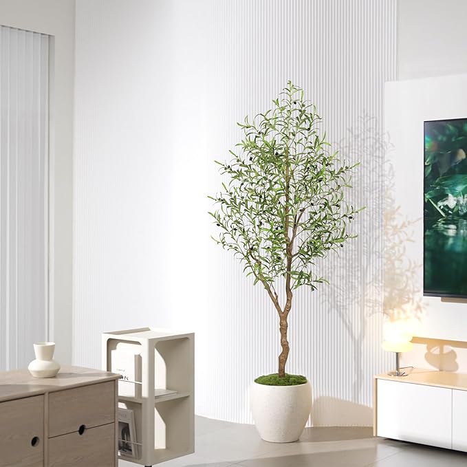 FEELEAD 6FT Faux Olive Tree, Large Olive Trees Artificial Indoor with Natural Wood Trunk & Lifelike Leaves, Tall Artificial Olive Tree with Pot for Home Office Living Room Decor