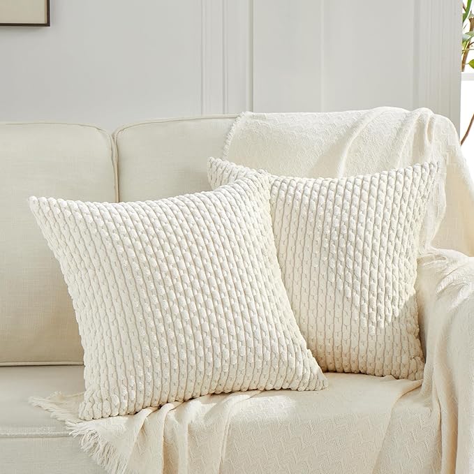 Fancy Homi 2 Packs Cream Decorative Throw Pillow Covers 24x24 Inch for Couch Bed Sofa, Modern Farmhouse Boho Home Decor, Soft Cute Plush Corduroy Cushion Case 60x60 CM