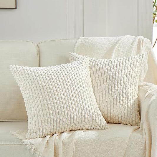 Fancy Homi 2 Packs Cream White Decorative Throw Pillow Covers 20x20 Inch for Couch Bed Sofa, Modern Farmhouse Boho Home Decor, Soft Cute Plush Corduroy Cushion Case 50x50 CM