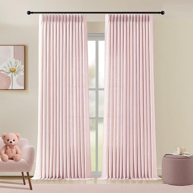Light Pink Pinch Pleated Linen Curtains 96 Inches Long for Girls Bedroom Living Room, Light Filtering Pleat Drapes Textured Thick Blush Semi-Sheer Window Curtain with Hooks for Nursery, 2 Panels