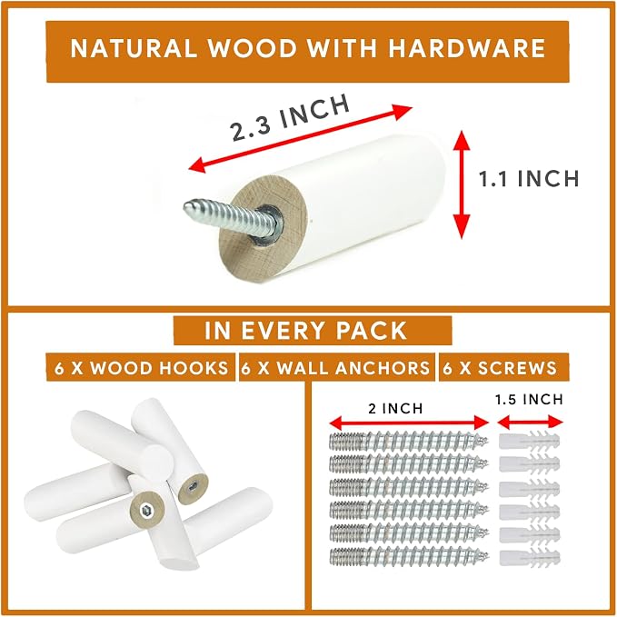 Wood Wall Hooks, 6 Pack | Modern, Decorative White Wooden Hangers Wall Mounted | Coat Hooks | Hook for Hanging Backpage, Robe, Hat, Towel, Coat, Purse, Bag