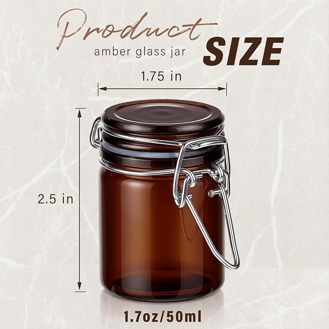 Norme 24 Pack 1.7oz Amber Airtight Mini Glass Jars with Lids, Cylinder Food Storage Container Airtight Food Wire Clip Fastening for Flour Kitchen Sugar Cereal Kitchen Canning Pickling Mason Jars