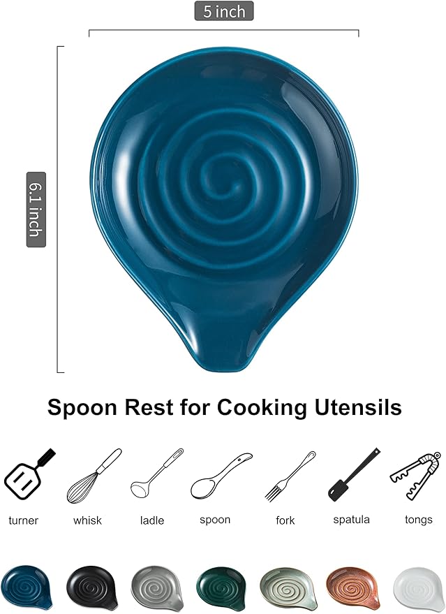 LAUCHUH Spoon Rest, Ceramic Spoon Holder for Stove Top Ladle Holder for Kitchen Countertop Cooking Utensil Rest for Spatula, Tongs, Heat-Resistant Framhouse Decor for Mother's Day, Blue, 5 Inches