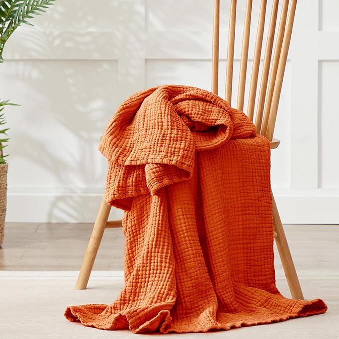 100% Cotton Muslin Blanket 50"x 60", 6 Layers Breathable and Lightweight Cotton Throw Blankets for Couch, Soft Cooling Summer Gauze Blanket for Adults All Season, Burnt Orange