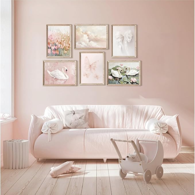 Tocliky Coquette Pink Wall Art Decor Swan Posters Bow Flower Canvas Wall Art Preppy Cute Pictures Trendy Butterfly Posters Coquette Aesthetic Prints for Girl Dorm Room Bedroom 12x16x6 Inch Unframed