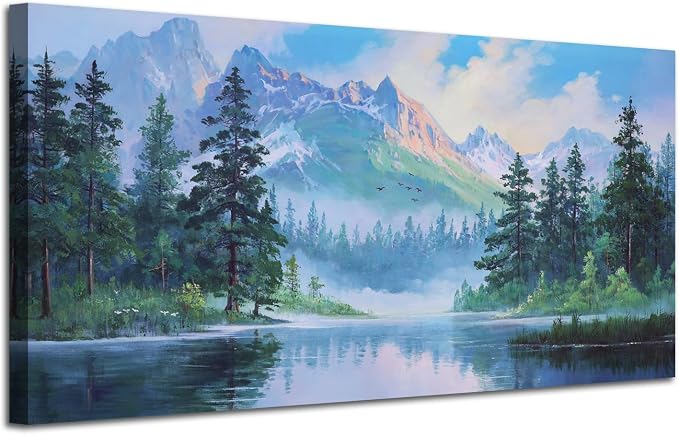 Acocifi Landscape Canvas Wall Art for Living Room 48"x24" Blue Painting | mountain lake forest nature scenery picture pine trees modern wall decor bedroom kitchen large artwork framed ready to hang