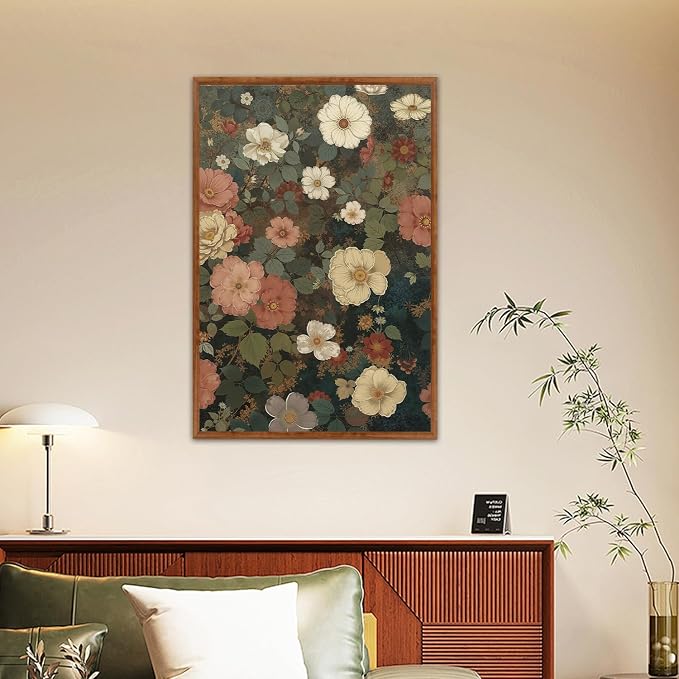 LHIUEM Vintage Blossom Flower Framed Canvas Wall Art Set,Nature Wildflowers Botanical Wall Decor,Retro Boho Floral Artwork for Living Room,Bedroom,Dining Room,Office-24 x36 x3