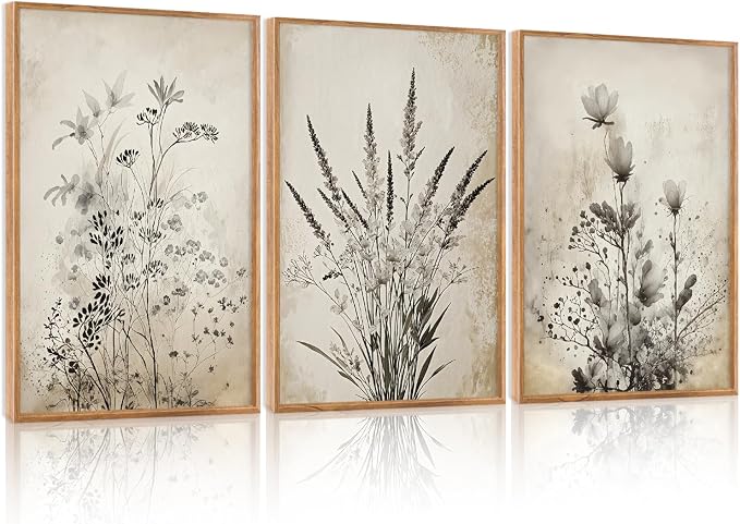 HOURIA 3Pcs Large Vintage Black White Botanical Floral Framed Canvas Wall Art Set(16"x24"),Retro Farmhouse Wildflower Wall Decor Rustic Minimalist Plant Flower Art Prints for Living Room Bedroom Office