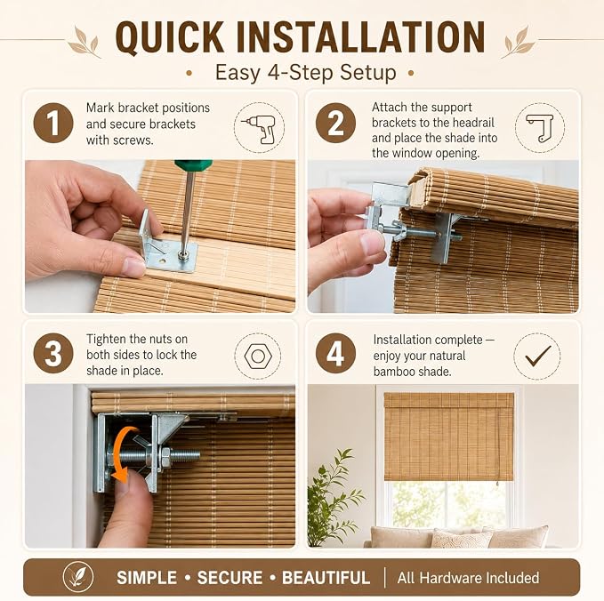 No Drill Bamboo Blinds for Interior Windows, Bamboo Shades for Indoor Windows, Roller Shades for Indoor Window and Outdoor Patio, Easy to Install for Home & Porches