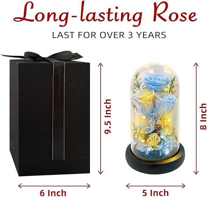 HipTree Preserved Blue Rose in Glass Dome with LED Lights - Forever Eternal Real Rose Gifts for Women, Valentines Day Mothers Day Birthday Wedding Anniversary for Mom Wife Girlfriend