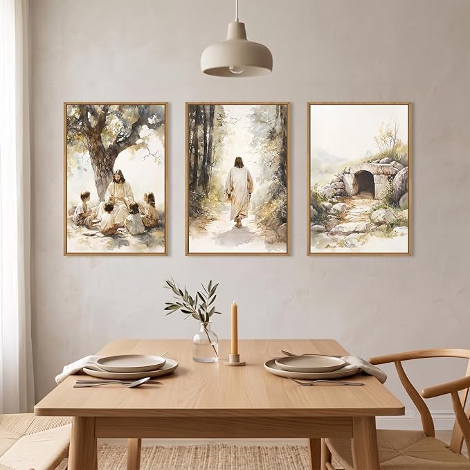 Large Jesus Teaching Children on Path Framed Canvas Wall Art,Empty Tomb Christian Wall Decor,Spiritual Religious Bible Artwork for Living Room,Bedroom,Dining Room,Office-16 x24 x3