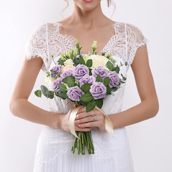 Mocoosy 50Pcs Rose Artificial Flowers, Lavender Fake Roses for Decorations, Purple Foam Fake Flowers with Stem for DIY Wedding Bouquet Bridal Shower Mother's Day Floral Arrangement Party Home Decor