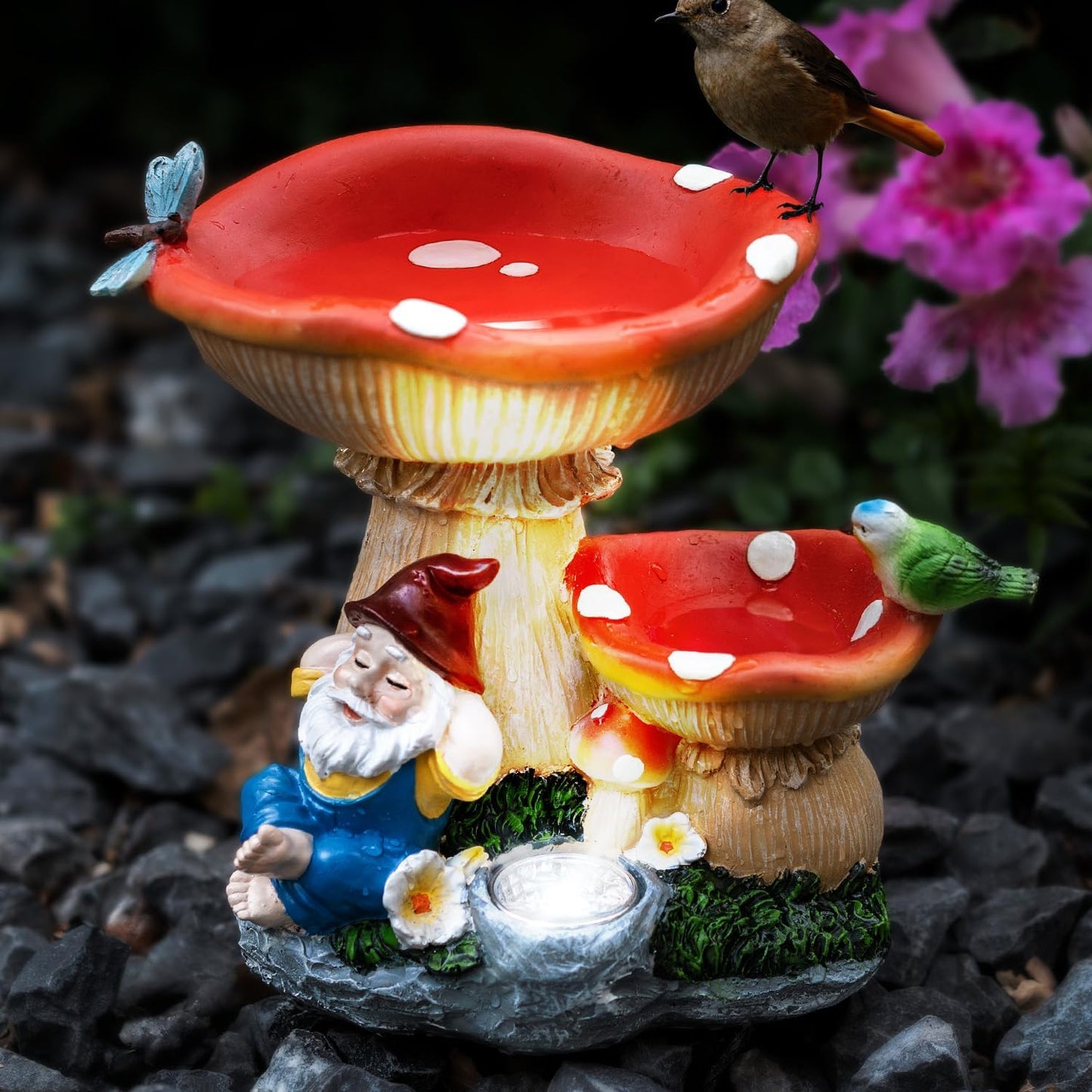 TIJNN Solar Gnome Statue with LED Lights, Bird Water Feeder Garden Decor for Patio, Lawn, or Home, Mushroom Figurine Outdoor Decoration Garden Gifts