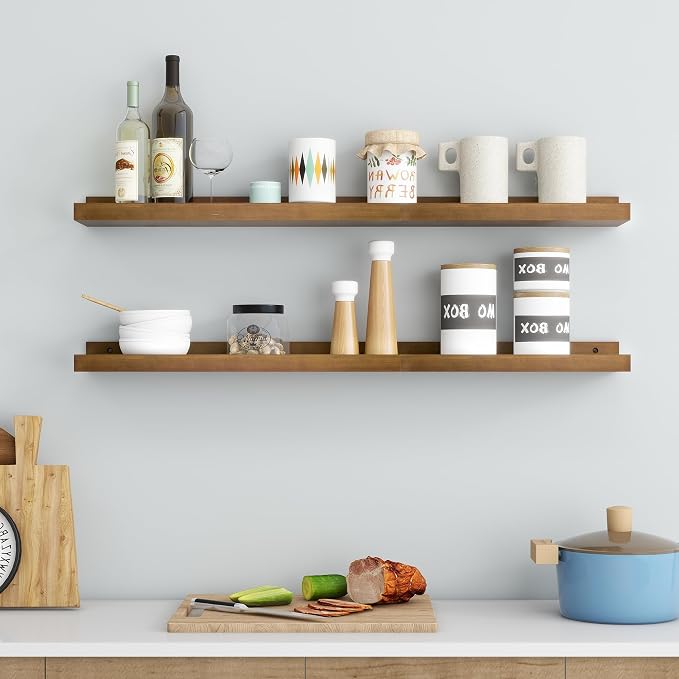 FLYJOE Picture Ledge Wall Shelves 36 inch Width Set of 2, Solid Pine Wood Rustic Floating Ledge Shelves for Wall for Kids' Room Bedroom Kitchen Bathroom Living Room Nursery Display Wall Decor, Walnut