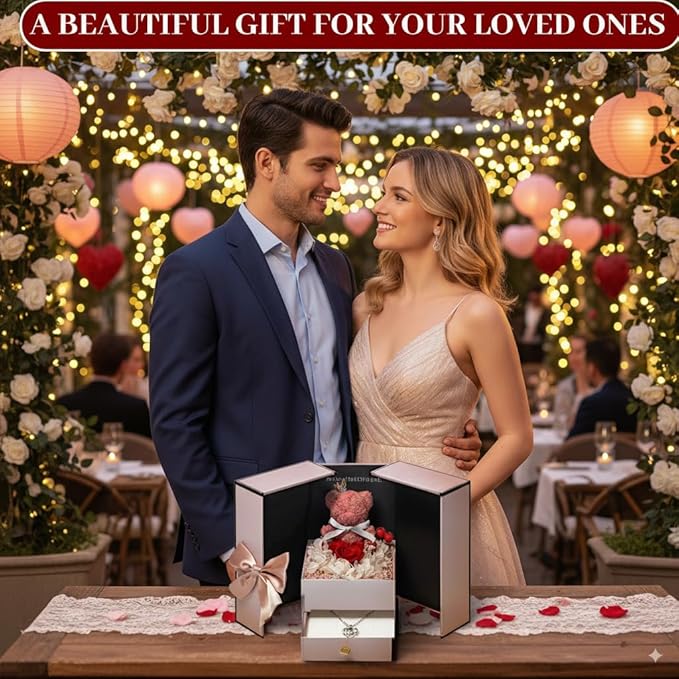 Gifts for Mom Wife Women Preserved Real Red Rose with Heart ”I Love You“100 Languags Necklace&Cute Bear Birthday Gift Box for Mama Girlfriend Wife Her Grandma Anniversary Valentines Day