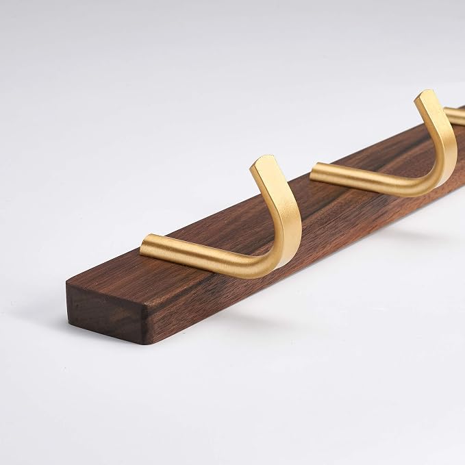 Wall Mounted Coat Rack, Entryway Hanging Coat Rack, Metal Wood Coat Rail with 3 Rustic Hooks Rail for Coat, Scarf, Bag, Towel, Key, Cap, Hat, Walnut Gold Matt
