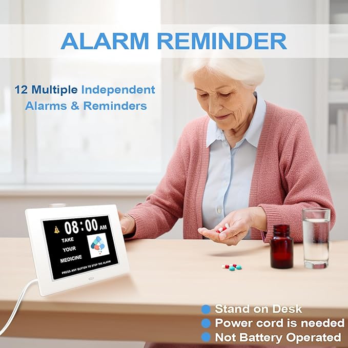 New 2026 Digital Calendar Alarm Day Clock, with 8" Large Screen Display, am pm, Multiple Alarms, for Impaired Vision People, The Aged Seniors, The Dementia, for Desk, Wall Mounted,White