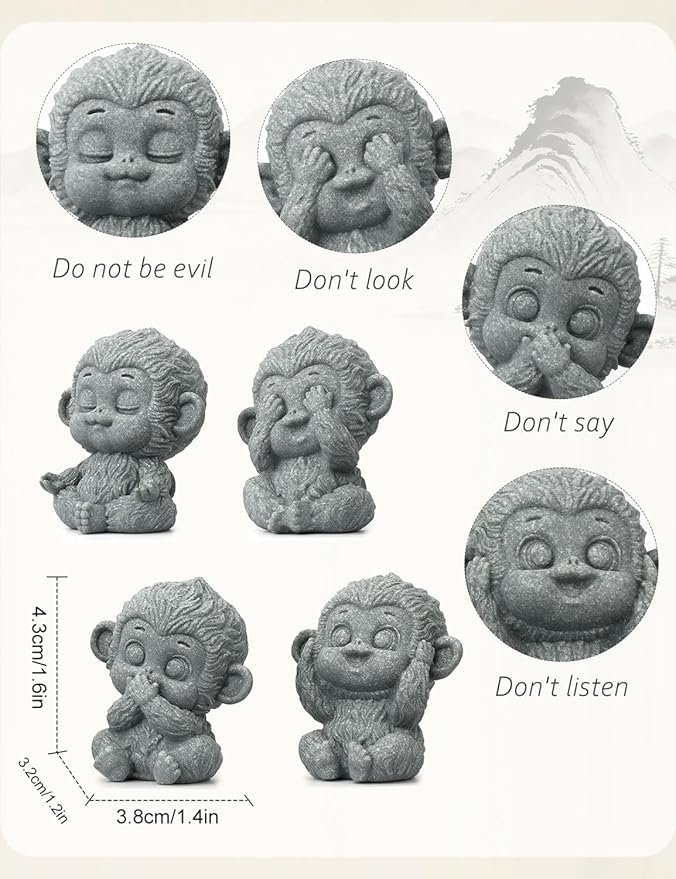4 Piece Cute Monkey Figurine Set, Sandstone See no Evil,Hear no Evil,Speak no Evil,Do no Evil Statues, Zen Desk/Garden Decor, Mindfulness Animal Accents for Home Office