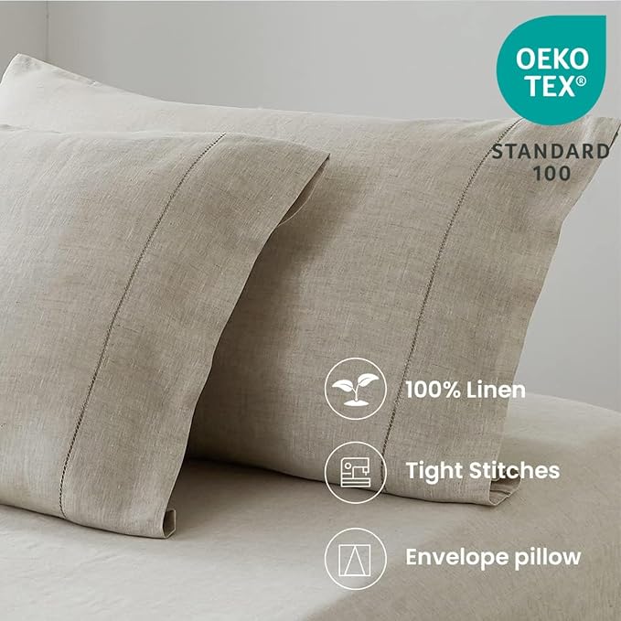 100% French Linen Pillowcases with Handmade Hemstitch Lace - Pack of 2 - Washed Solid Color Natural Flax Soft Breathable - Linen, 20'' x 40''