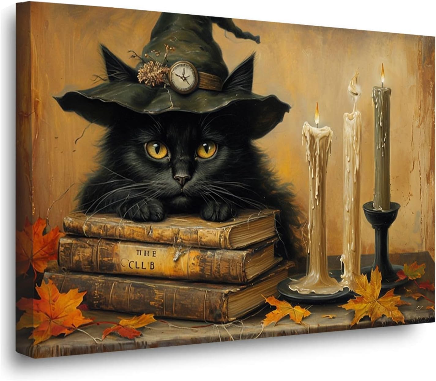 Vintage Halloween wall decoration black cat and magic book suitable for home bedroom living room decoration dark classic art witch wall decoration16x24in Wood Framed