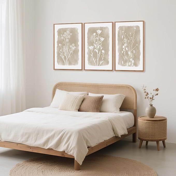 CHDITB Neutral Botanical Wall Art Set of 3, 24"x36" Large Framed Boho Farmhouse Flower Wall Decor, Modern Minimalist Floral Wall Painting, Begie Wildflower Canvas Art Prints for Living Room, Bedroom