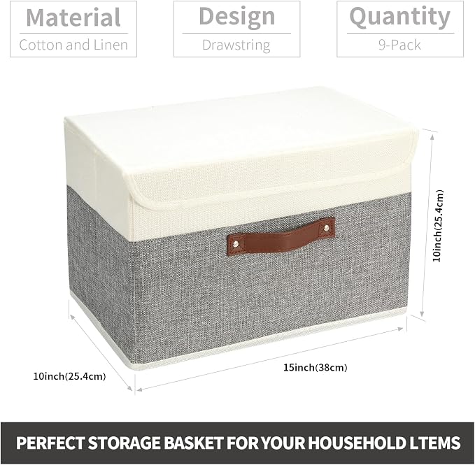 9 Pack Decorative Storage Bins Containers & Fabric Bins with Lids Storage Baskets for Shelves Drawers, Desktop, Closet, Playroom, Classroom, Office, Bedroom, Home, Garage (white/grey, 14.9X10X10)