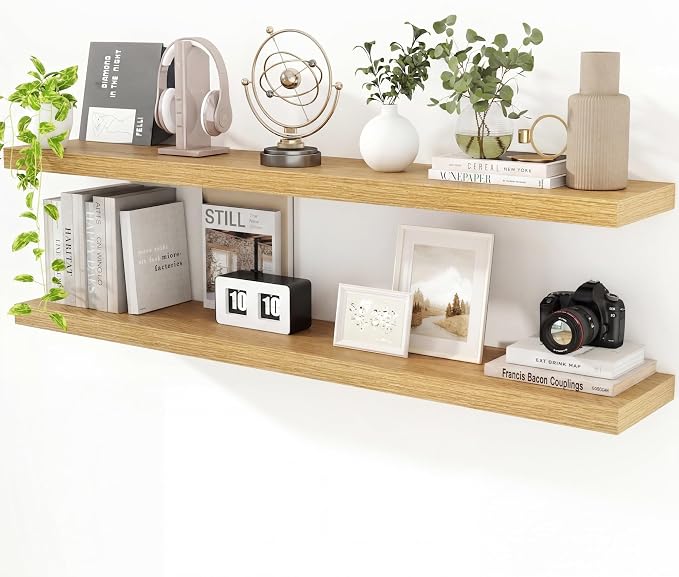 55 inch Floating Shelves for Wall, 9.3in Deep Oak Shelves Wall Mounted Floating Shelf, Extra Long Wall Shelf for Living Room, Kitchen, Office, Floating TV Stand, 2 Packs
