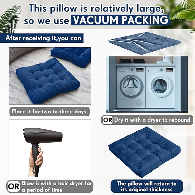 Jerify 4 Pcs Floor Pillow Cushions Large Round Square Large Meditation Floor Pillow for Classroom Adult Meditation Picnic Party Seating Learning Daycare School (Square,Navy Blue)