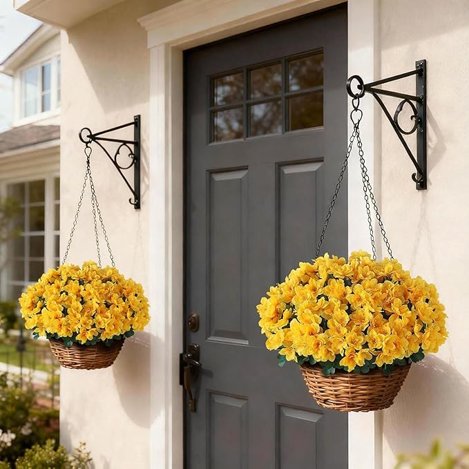 16 Bundles Artificial Flowers for Front Door, Fake Silk Azalea Bouquet Silk Flowers for Outside UV Resistant Realistic Faux Plants for Planter Farmhouse Patio Garden Walkways Home Decor (Yellow)
