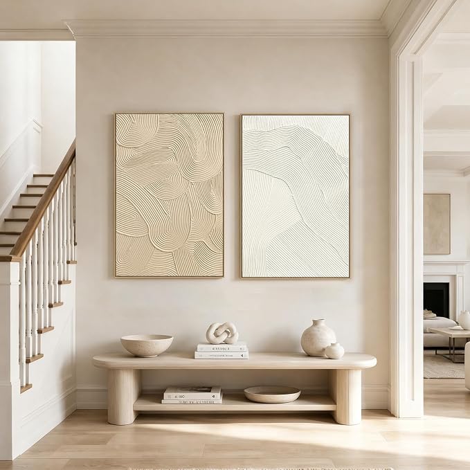 SAFERRYHOME Neutral Abstract Hand Painted Wall Art, Textured, 24"x36"x2 | Large 3D Framed White and Brown Wall Decor, Modern Painting Minimalist Geometric Texture Artwork for Home Office Living Room