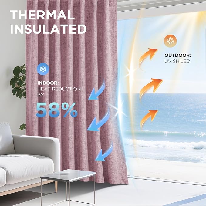 Joydeco Blackout Curtains for Bedroom - 100% Light Blocking 2 Panels Set Pink Drapes 42" W x 72" L, Thermal Insulated Room Darkening Curtains, Linen Textured for Living Room, Rod Pocket & Back Tabs