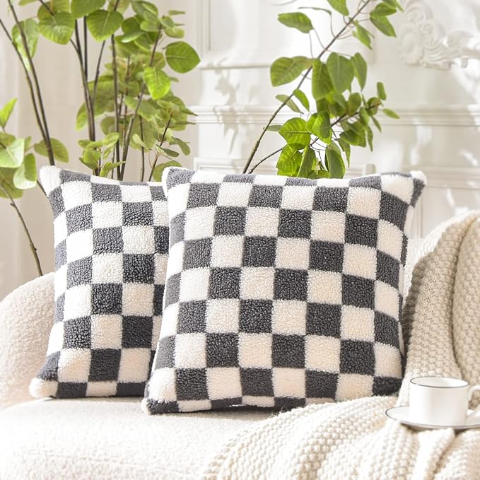 WACOMECO Decorative Throw Pillow Covers - Soft Sherpa Checkerboard Cushion Covers Faux Fur Pillow Cases for Sofa Bedroom Livingroom Car, 20 x 20 in, Grey and Off White