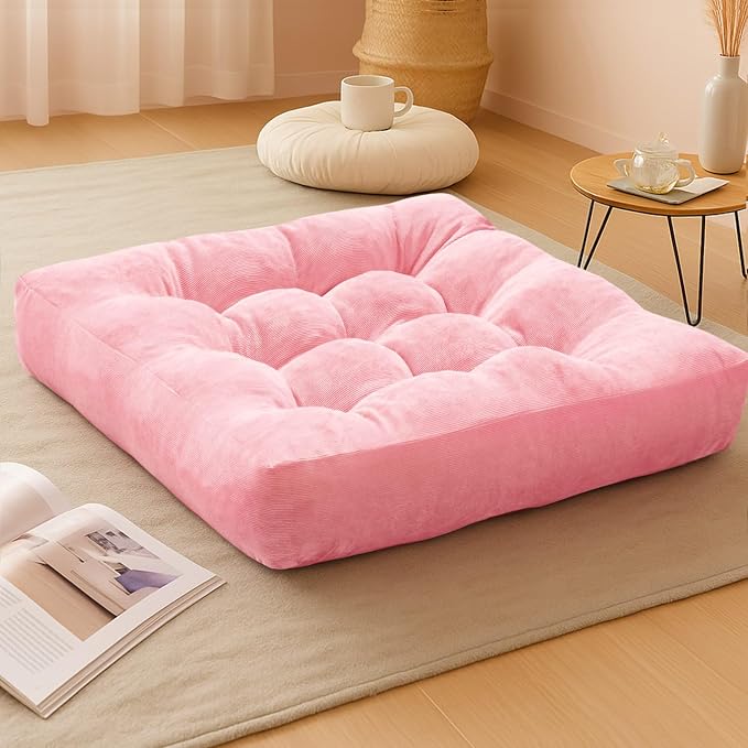 Meditation Floor Pillow Pink, Square Large Pillows Seating for Adults and Teens, Tufted Corduroy Cushion for Living Room Tatami, 22x22 Inch, 1 Count (Pack of 1)