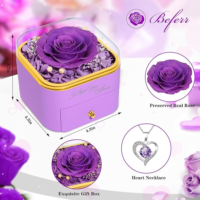Beferr Birthday Gifts for Women Preserved Real Rose with Necklace Eternal Roses Forever Flowers for Delivery Anniversary Mothers Gifts for Mom Her Grandma Wife Sister from Daughter Son
