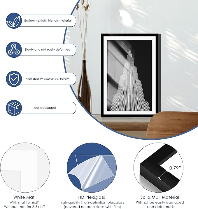 PEALSN 12x18 Picture Frame Set of 6, Display Pictures 11x17 with Mat or 12x18 without Mat for Wall Mounting Display, Poster Frames Collage for Wall Decor, Black.