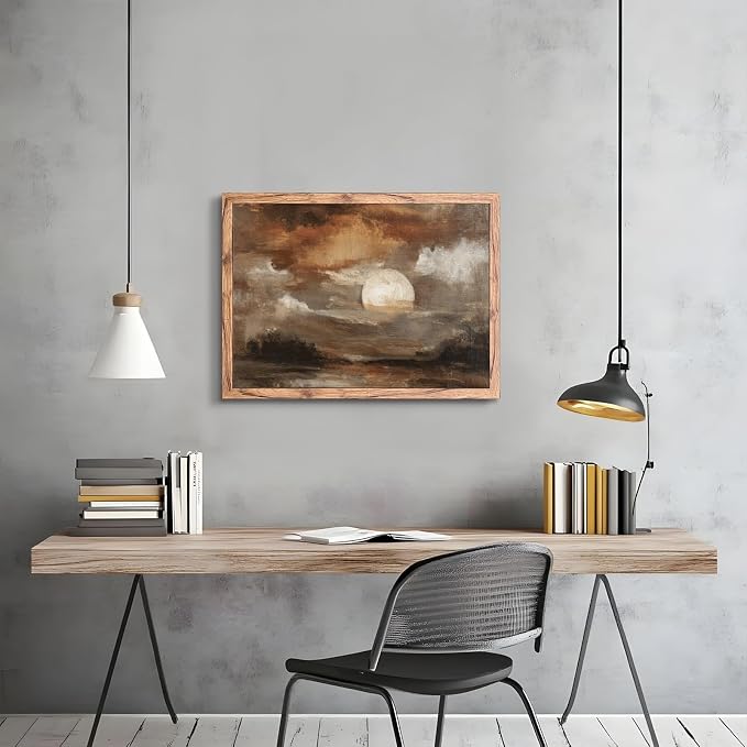 KBBYT Large Framed Wall Art Moody Abstract Moonlit Landscape Poster Canvas Print Vintage Classic Rustic Painting Pictures Wall Decor for Living Room Bedroom Home Decoration 24x36inch Wood Framed