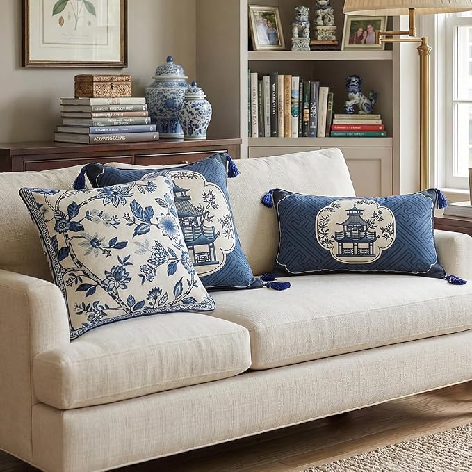 bilin gaier Designer Linen Throw Pillow Covers,20"x12" Set of 2-Suqing B | Chinoiserie Elegant Rectangular Blue Pillow Cover,Concealed Zipper,Sofas,Bedroom,Living Room,Dining,Lounge Chairs