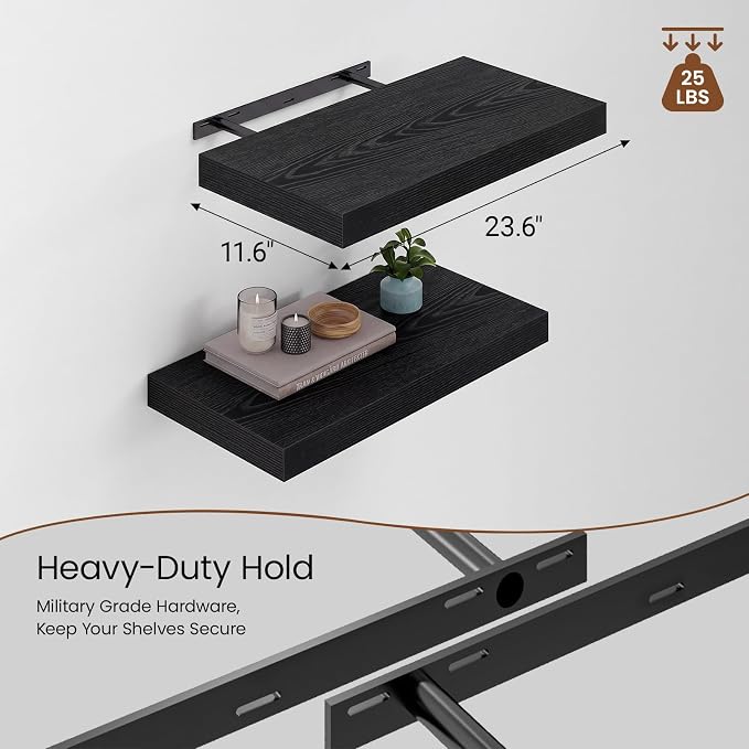 Heimlove 12inch Deep Floating Shelves for Wall, Mounted Shelves 24" W x 12" D x 1.5" H, wall Shelf for Bedroom Living Room Bathroom Kitchen Home Office, Set of 1, Black