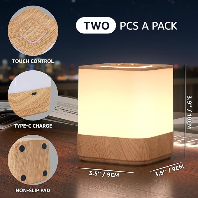 uuffoo 2 Pack Rechargeable Night Light Lamp 3 Color Touch Dimmable LED Portable Table Lamp Battery Operated, USB Changing, Small Cordless Lamp for Bedside Bedroom Travel