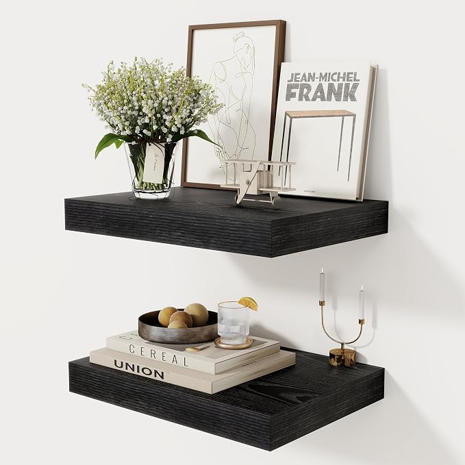 12 Inch Deep Black Floating Shelves, 16 x 12 Floating Shelf for Books, Rustic Wood Deep Wall Shelves for Home Storage & Display, 2" Thicked Shelves for Kitchen, Living Room, Bedroom, 2 Pack