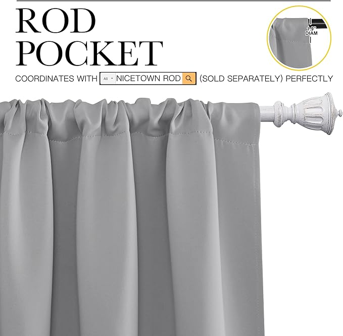 NICETOWN Short Curtains for Small Window - Thermal Insulated Rod Pocket Blackout Drapes/Draperies for Dining Room (2 Panels, W70 x L63 inches, Silver Grey)